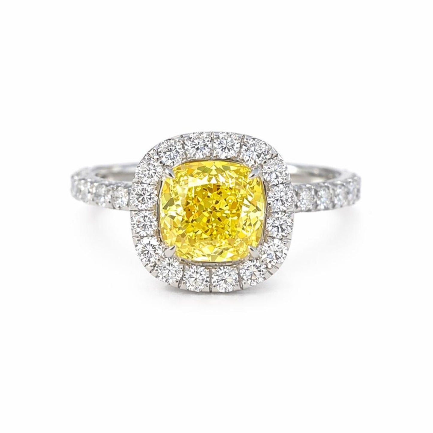 Natural Cushion Cut Fancy Yellow Diamond Halo Ring, in White Gold