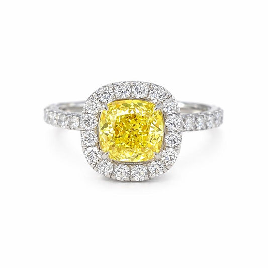 Natural Cushion Cut Fancy Yellow Diamond Halo Ring, in White Gold