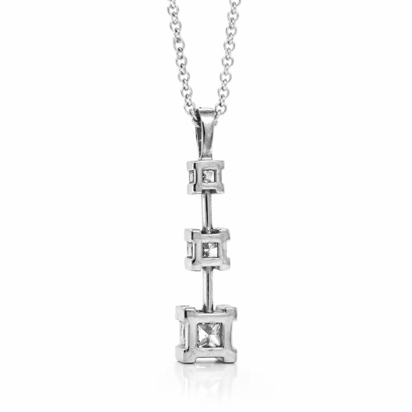 Natural Mined Princess Cut Diamond Three Stone Pendant, in White Gold