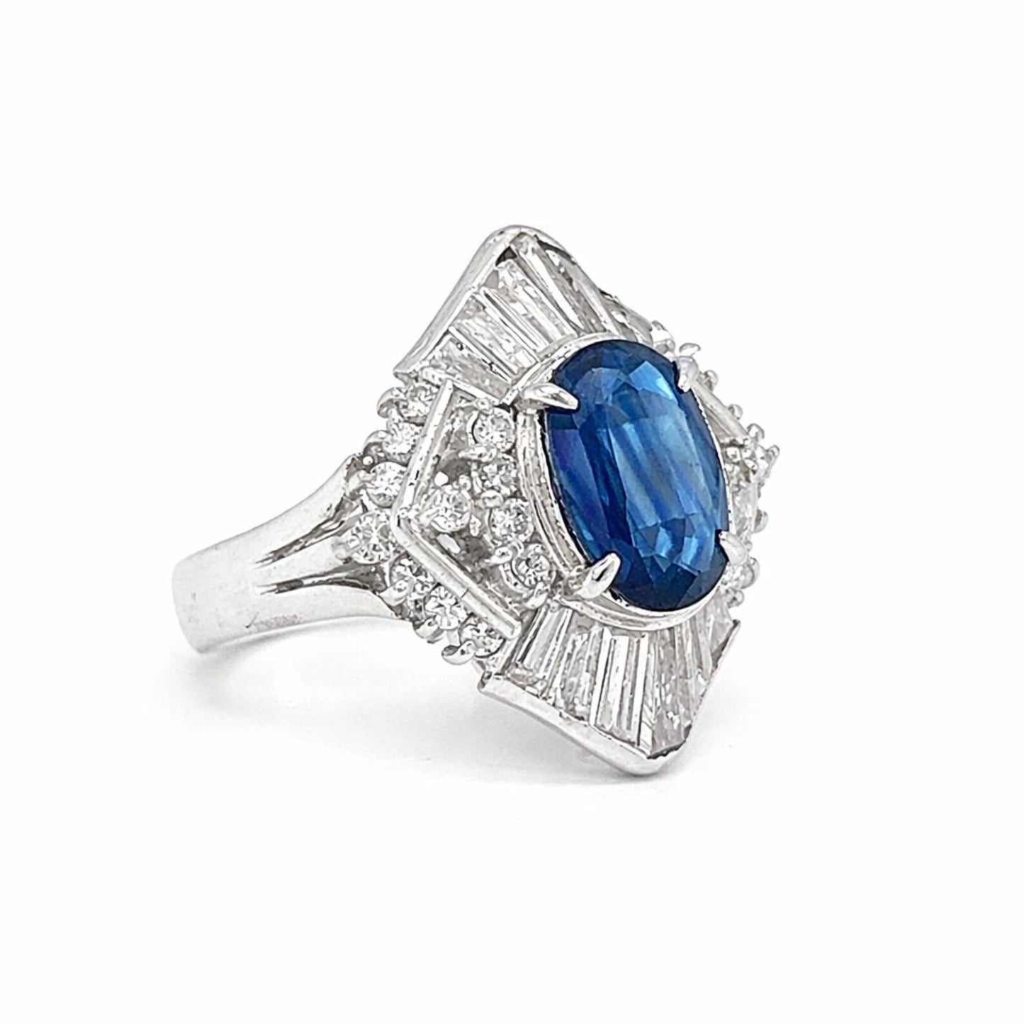 Natural Blue Sapphire and Diamond Cluster Cocktail Platinum Ring