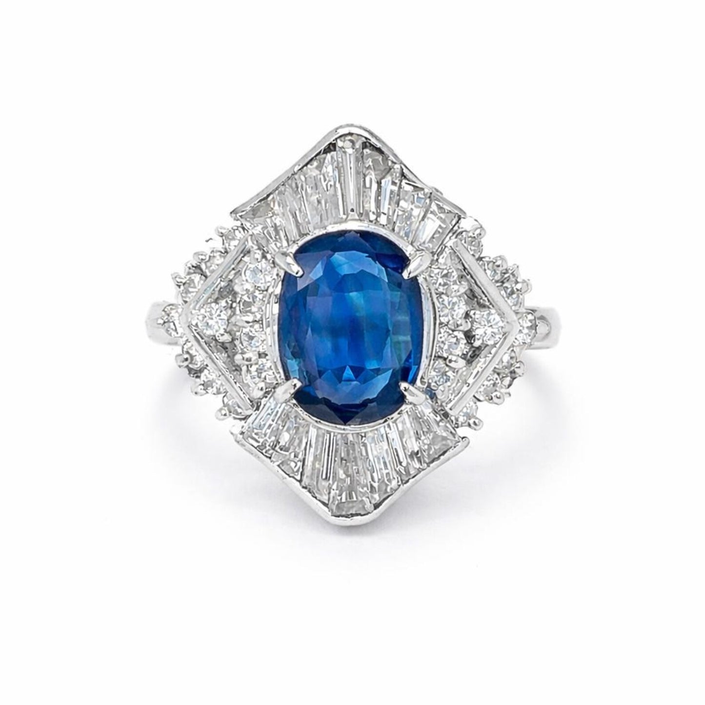 Natural Blue Sapphire and Diamond Cluster Cocktail Platinum Ring