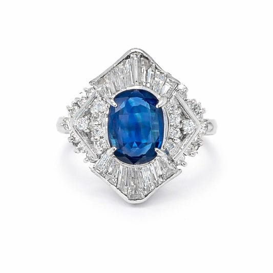 Natural Blue Sapphire and Diamond Cluster Cocktail Platinum Ring