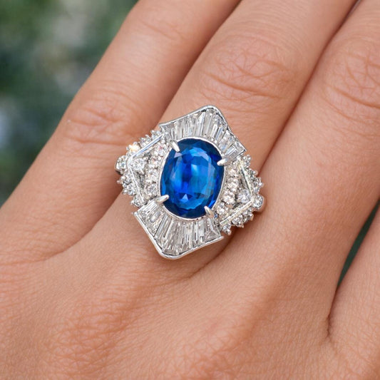 Natural Blue Sapphire and Diamond Cluster Cocktail Platinum Ring