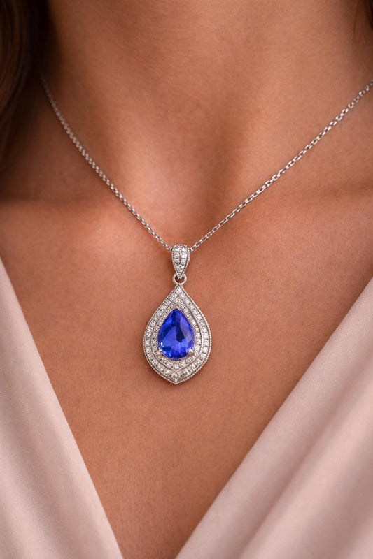 Natural Tanzanite and Diamond Halo Art Deco Cocktail Pendant, in White Gold