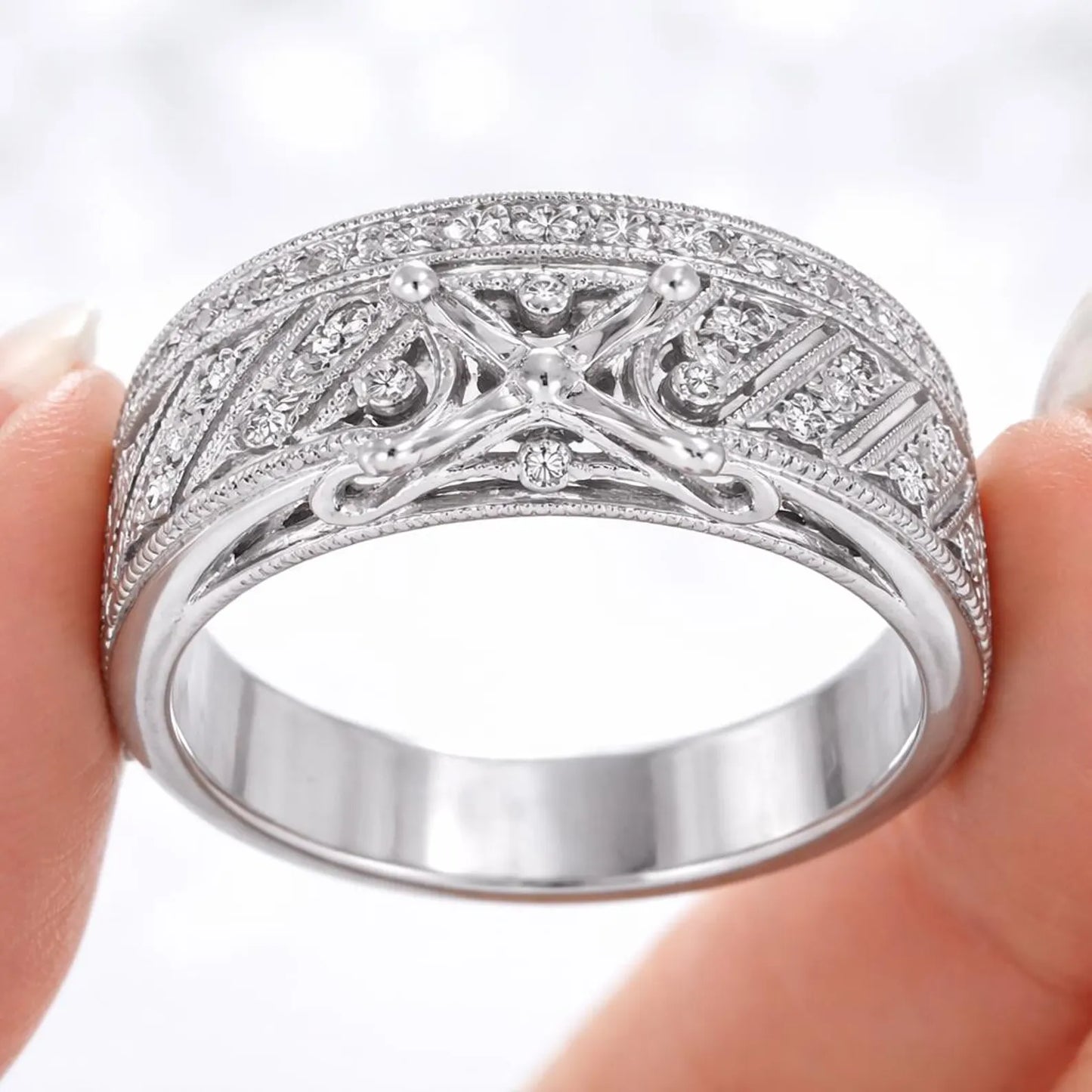 Semi-Mount with Natural Diamond Art Deco Cocktail Ring in Platinum