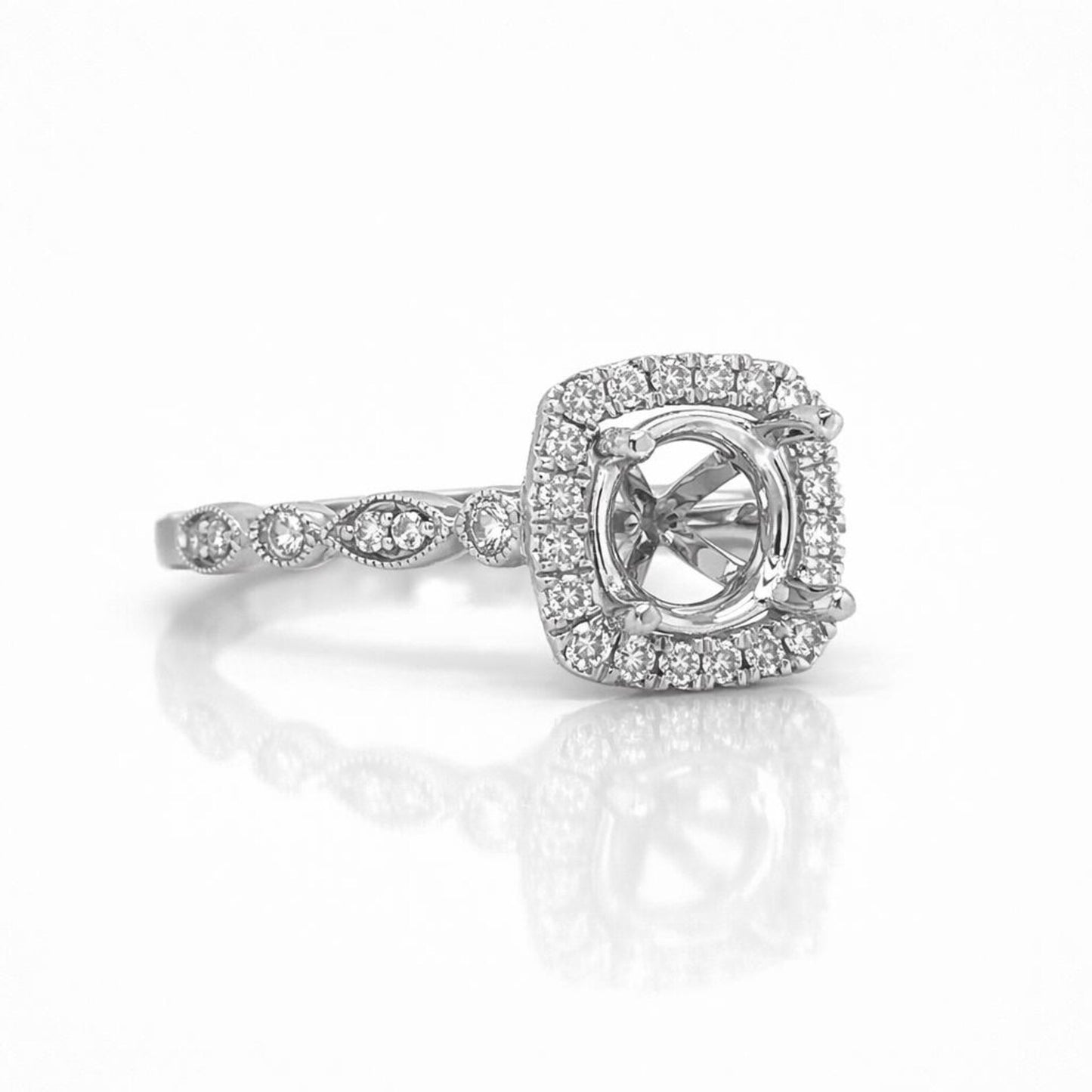 Semi-Mount Fits 6.5 mm with Natural Round Diamond Halo Ring, in White Gold