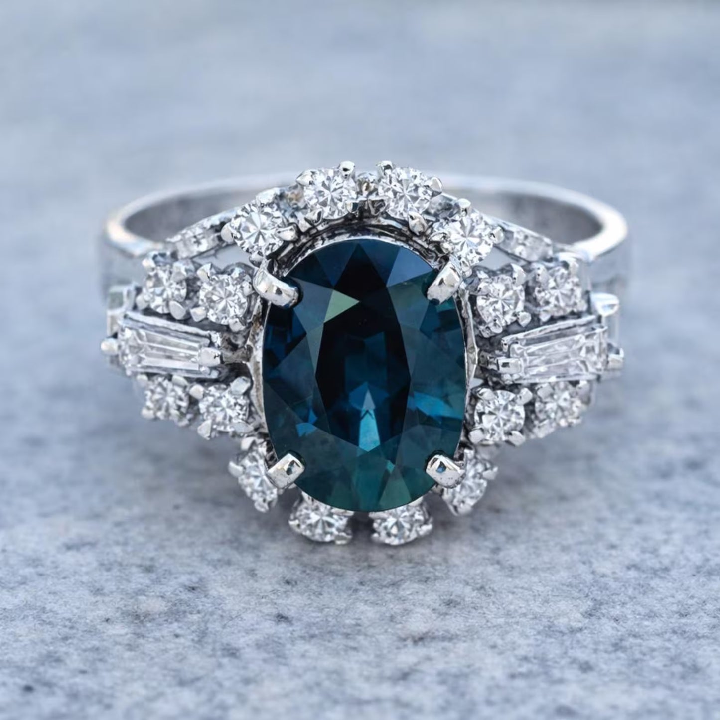 Natural Blue Sapphire and Diamond Art Deco Cluster Platinum Ring