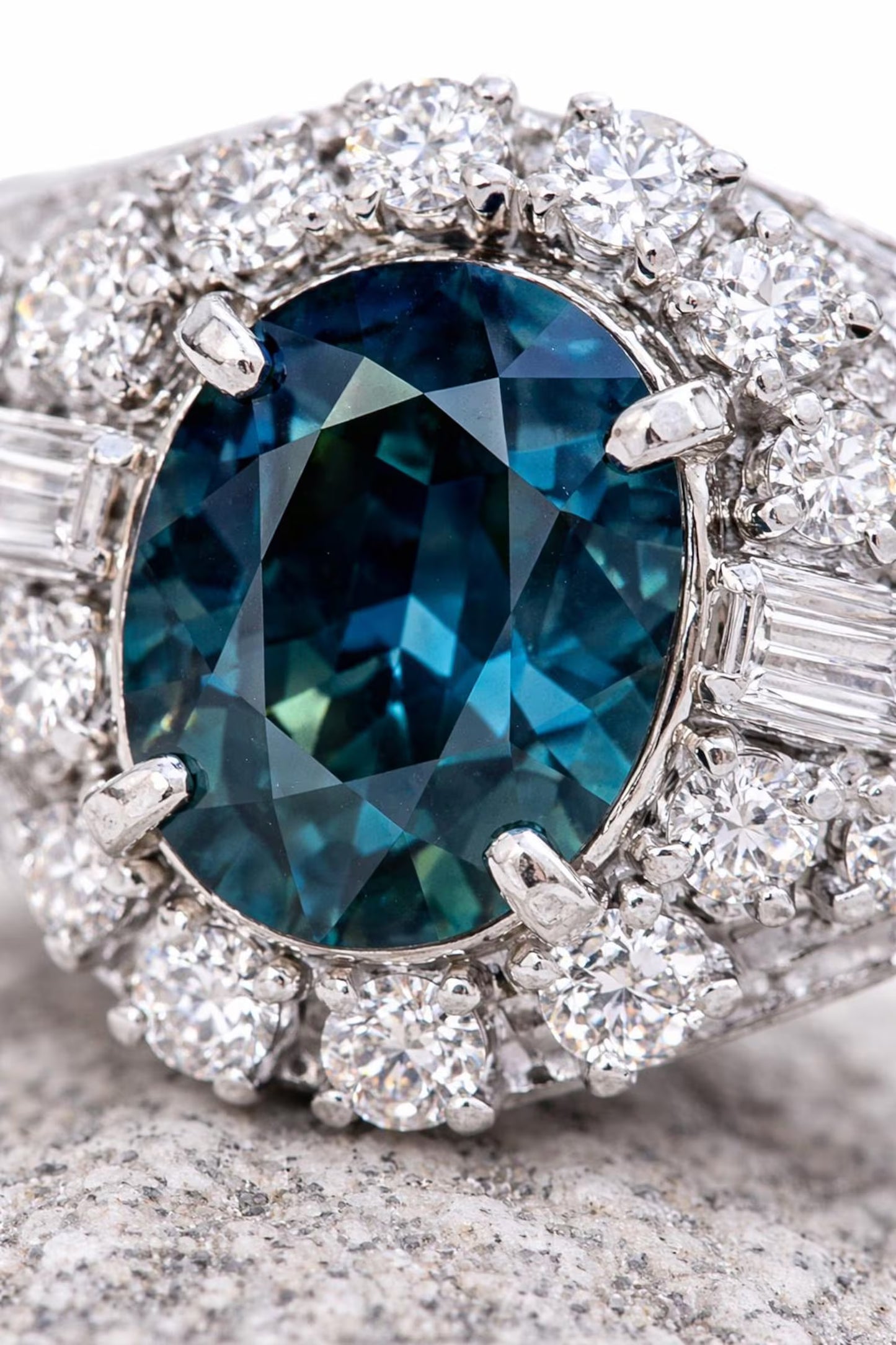 Natural Blue Sapphire and Diamond Art Deco Cluster Platinum Ring