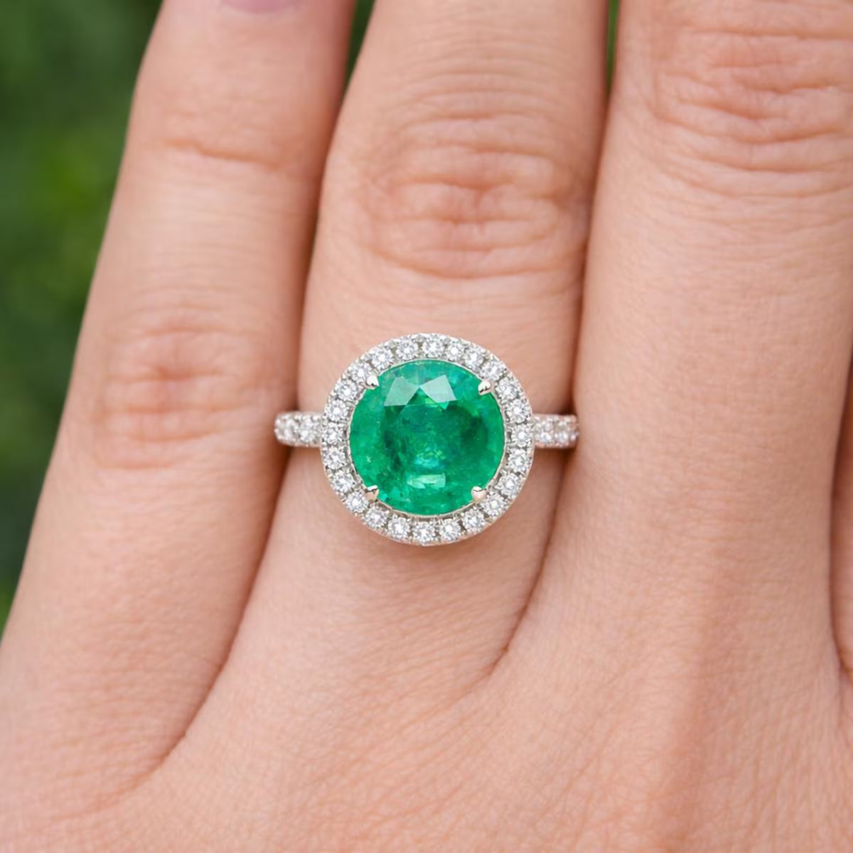 3.54 ct.t.w. Natural Green Emerald & Diamonds Halo Ring, in White Gold