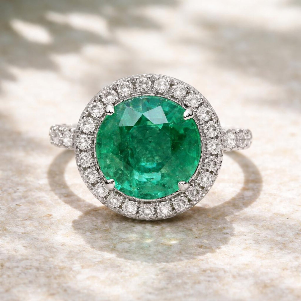 3.54 ct.t.w. Natural Green Emerald & Diamonds Halo Ring, in White Gold