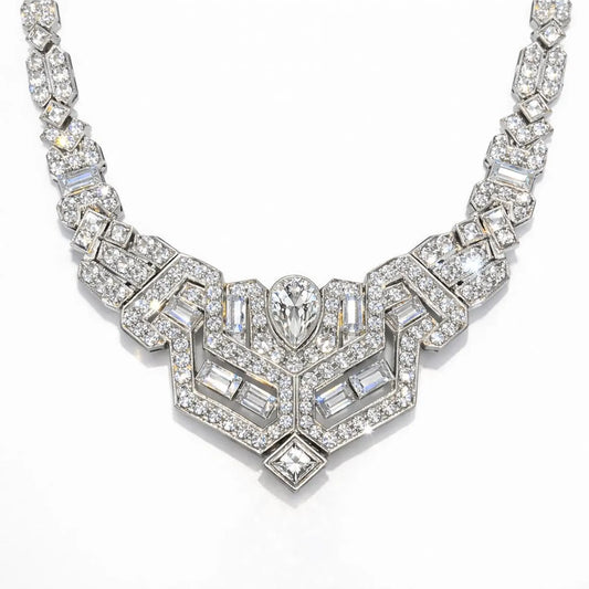Natural Diamond Cluster Art Deco Cocktail Necklace, in White Gold - Preowned