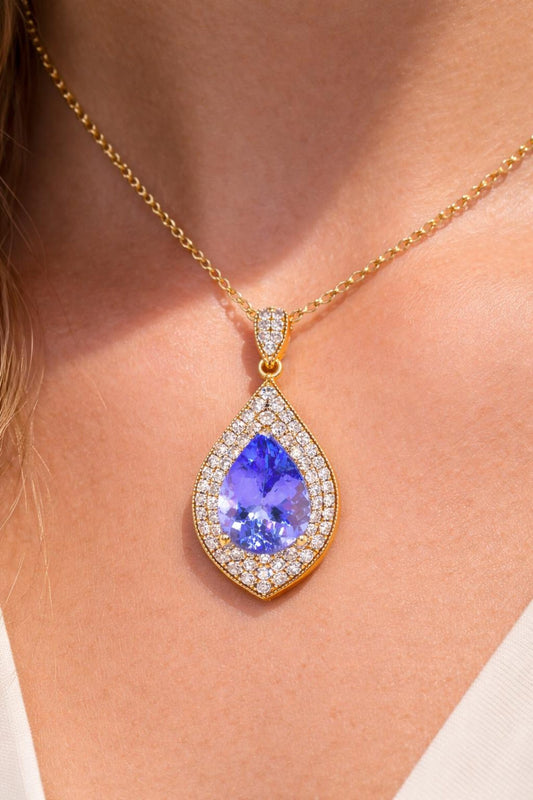 Natural Tanzanite Diamond Halo Cocktail Pendant, in Yellow Gold