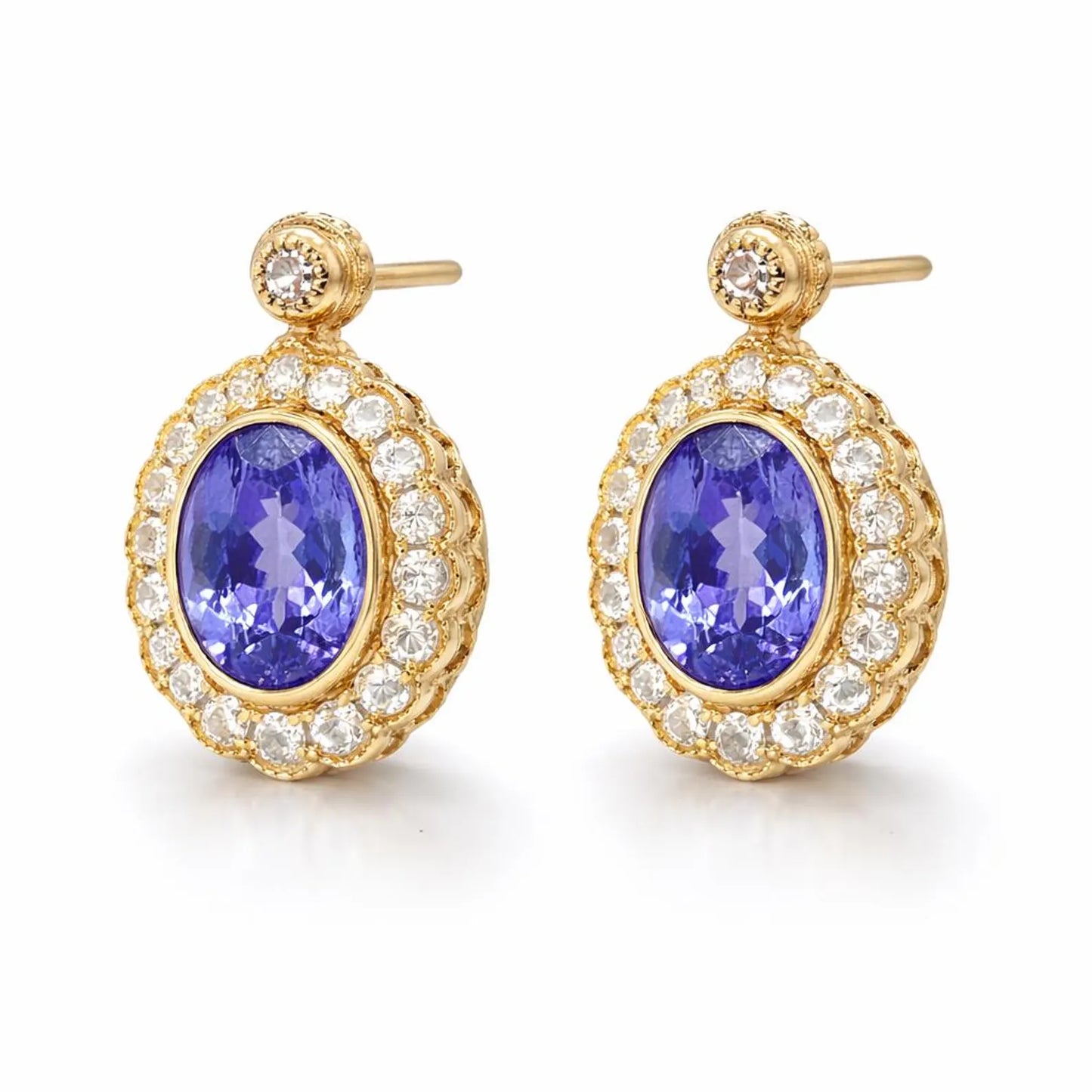 Natural Tanzanite and Diamond Art Deco Cocktail Earrings Yellow Gold
