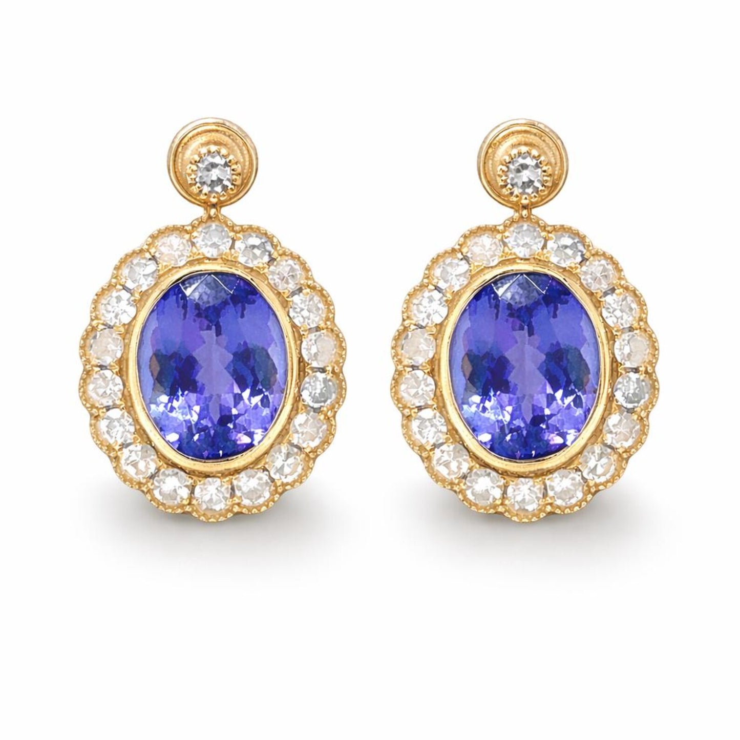 Natural Tanzanite and Diamond Art Deco Cocktail Earrings Yellow Gold