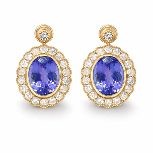 Natural Tanzanite and Diamond Art Deco Cocktail Earrings Yellow Gold