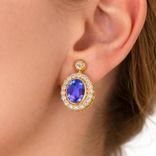 Natural Tanzanite and Diamond Art Deco Cocktail Earrings Yellow Gold