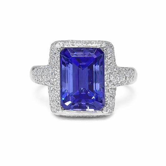 Natural Radiant Tanzanite and Diamond Halo Cocktail Platinum Ring