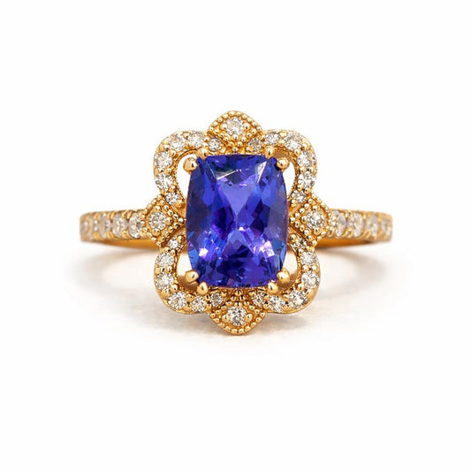 Natural Tanzanite and Diamond Cocktail Ring, in Yellow Gold