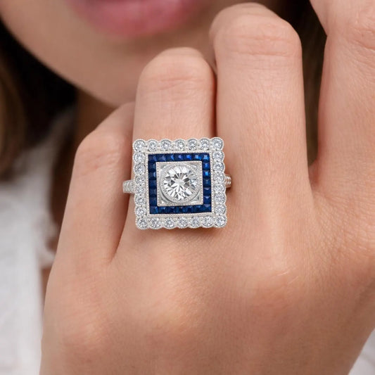 Natural Diamond and Blue Sapphire Halo Art Deco Bridal Ring, in White Gold