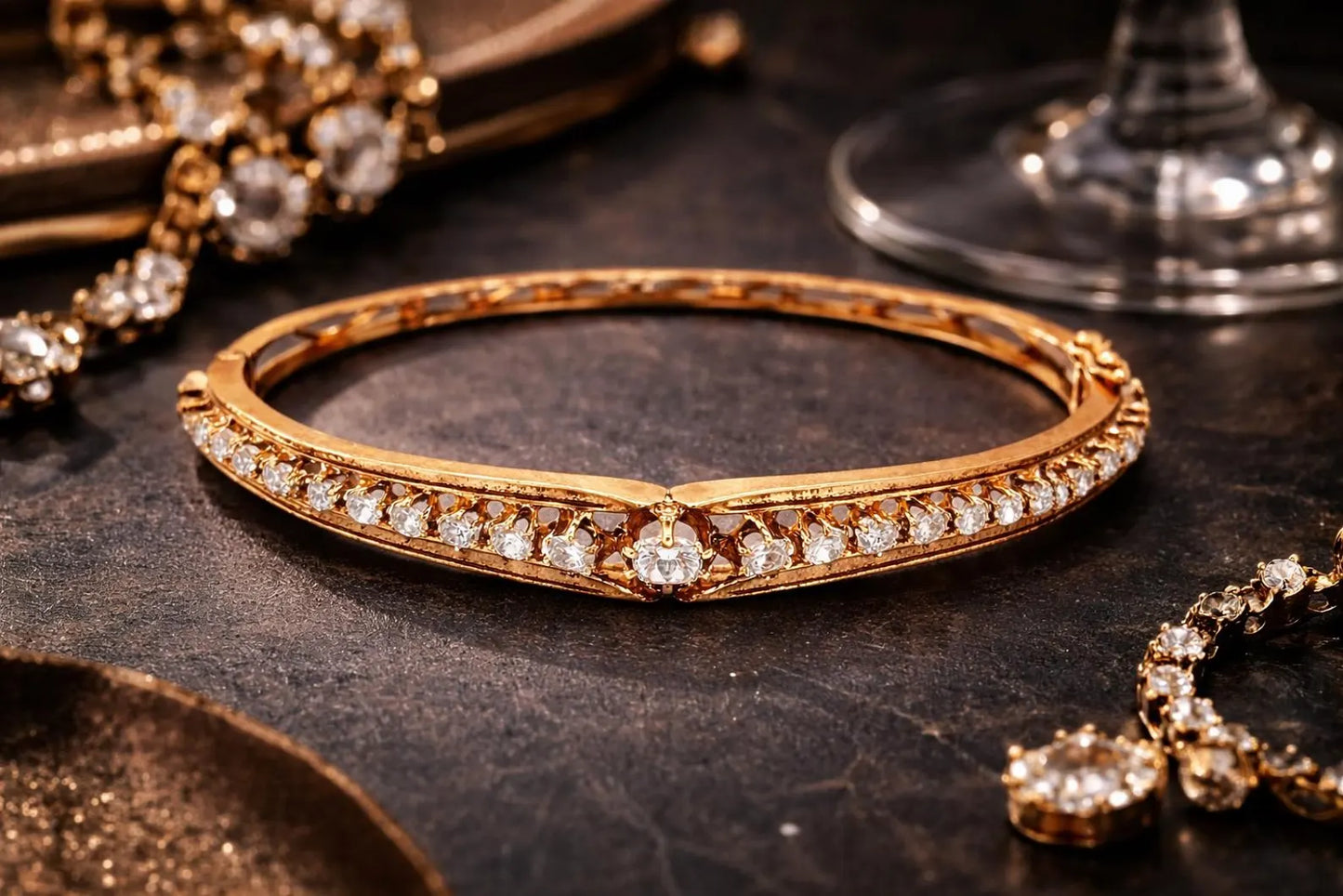 Natural Cushion and Oval Diamond Vintage Bangle, in Yellow Gold - Pre-owned