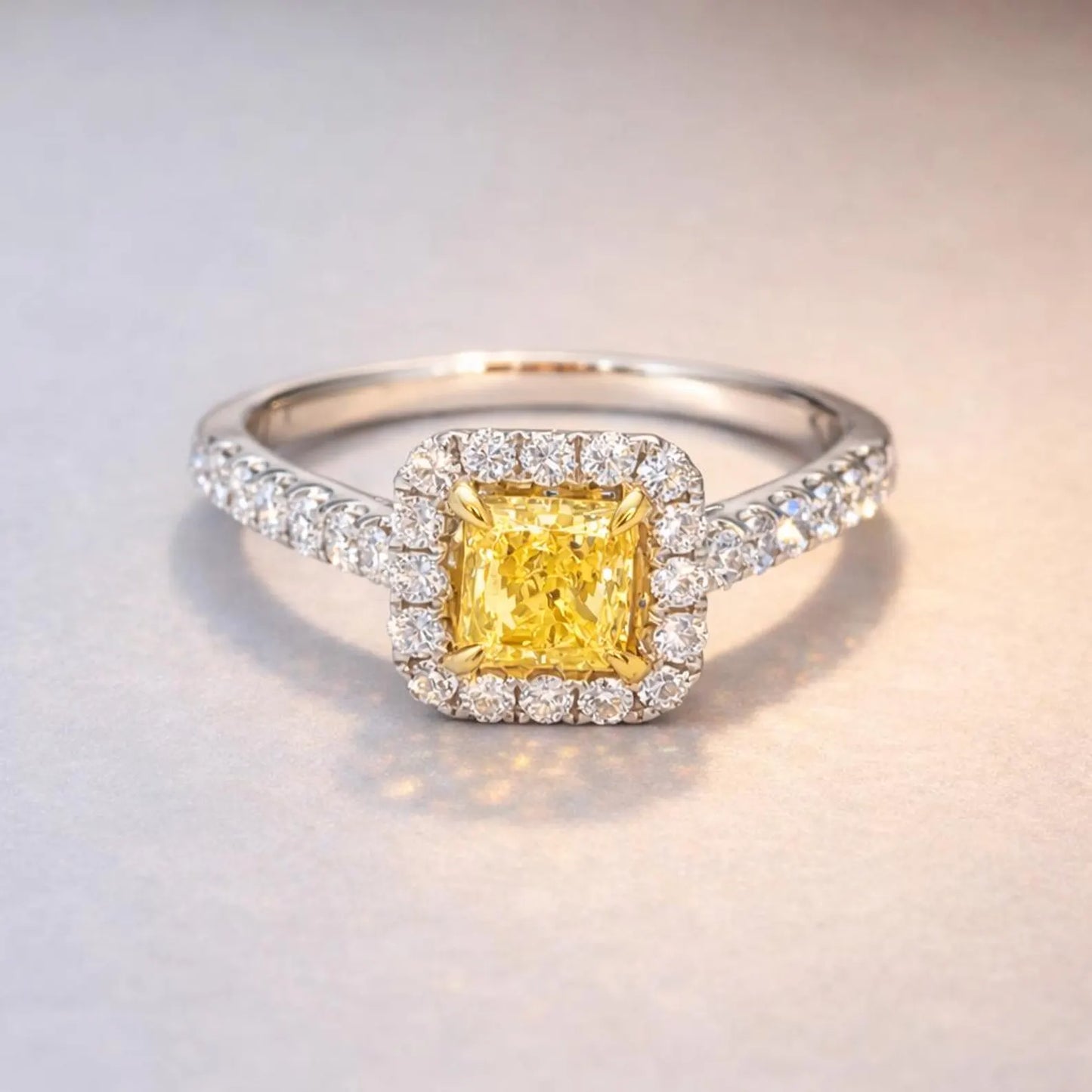 Natural Fancy Yellow Princess Cut Diamond Ring, in White Gol