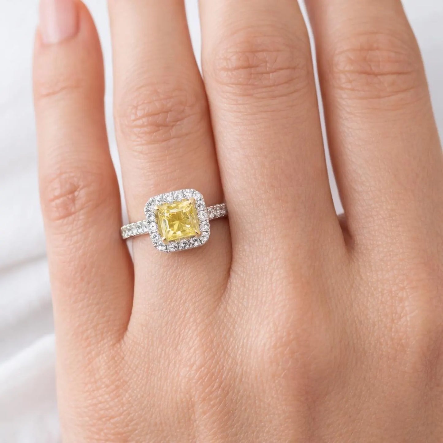 Natural Fancy Yellow Princess Cut Diamond Ring, in White Gol