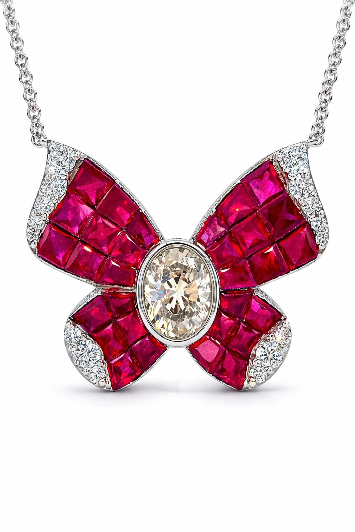 Natural Diamond and Ruby Butterfly Pendant Necklace, White Gold