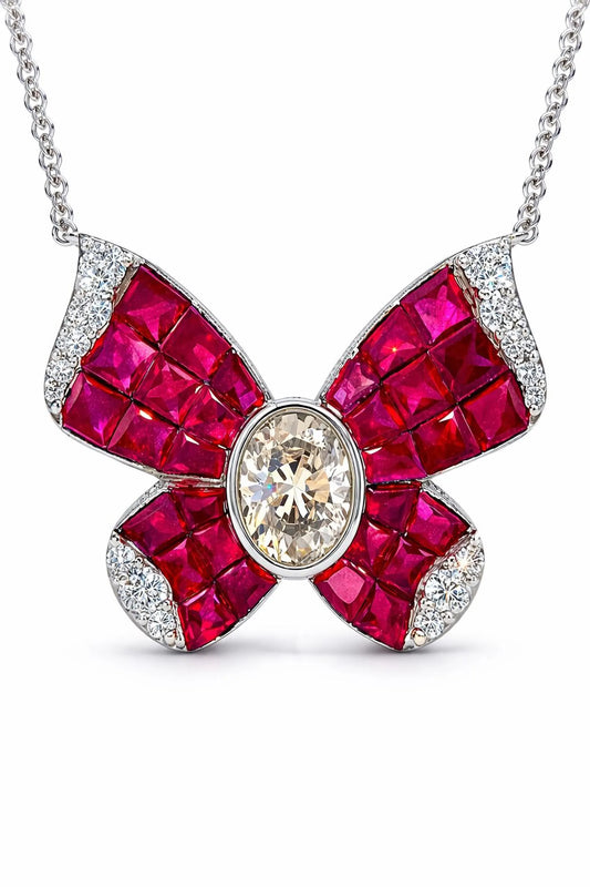 Natural Diamond and Ruby Butterfly Pendant Necklace, White Gold