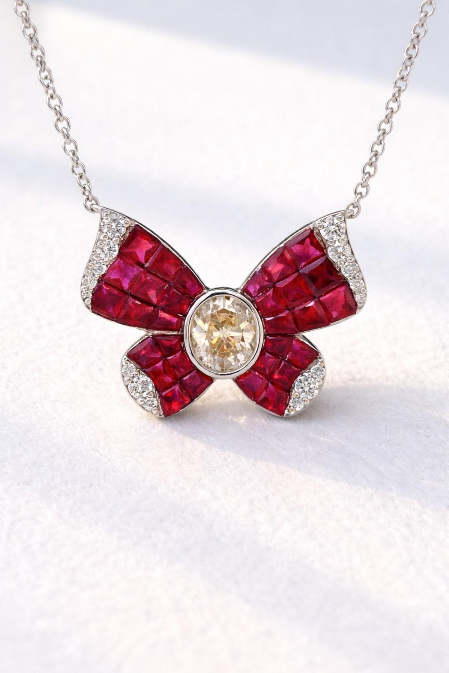Natural Diamond and Ruby Butterfly Pendant Necklace, White Gold