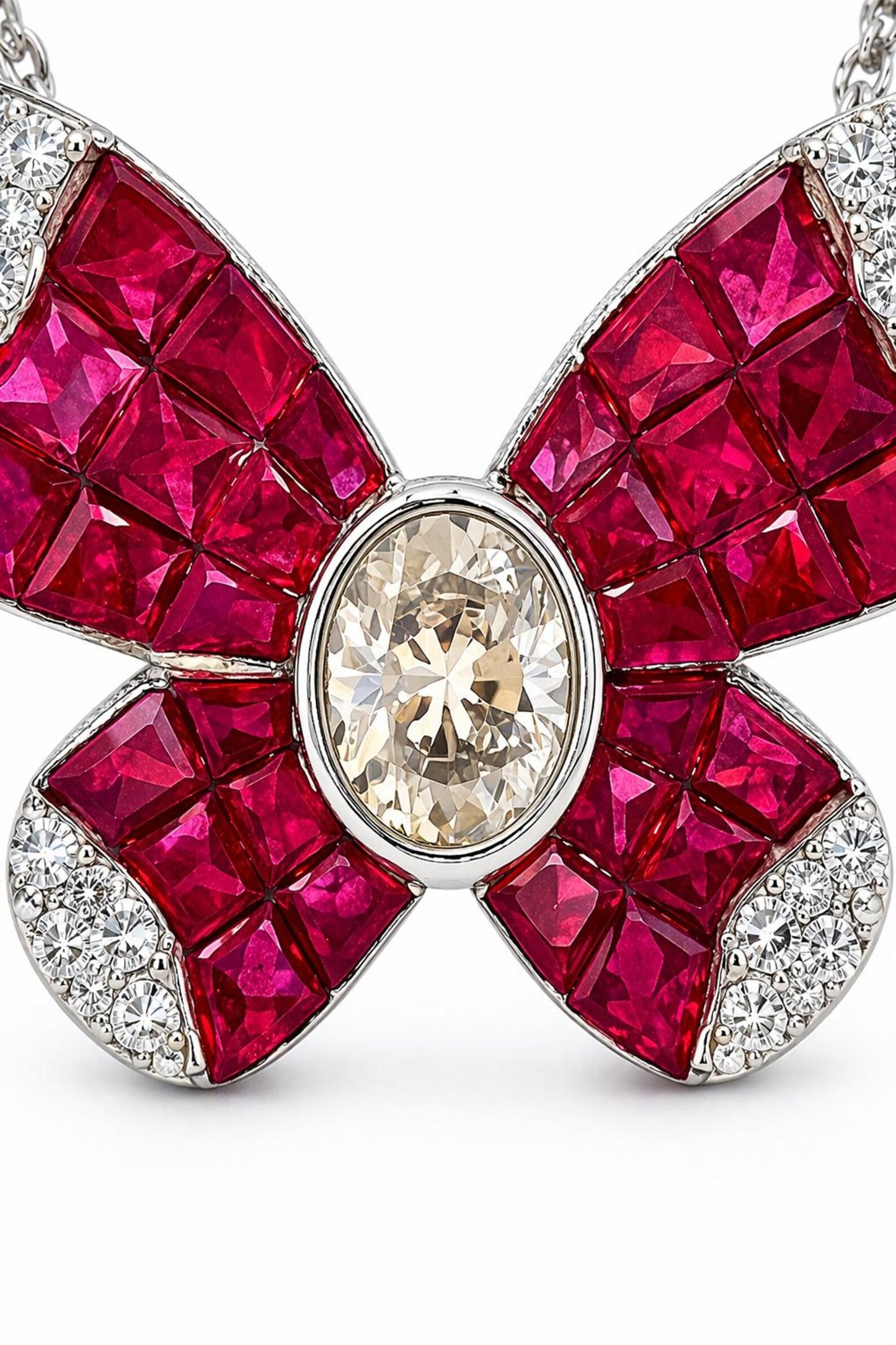 Natural Diamond and Ruby Butterfly Pendant Necklace, White Gold