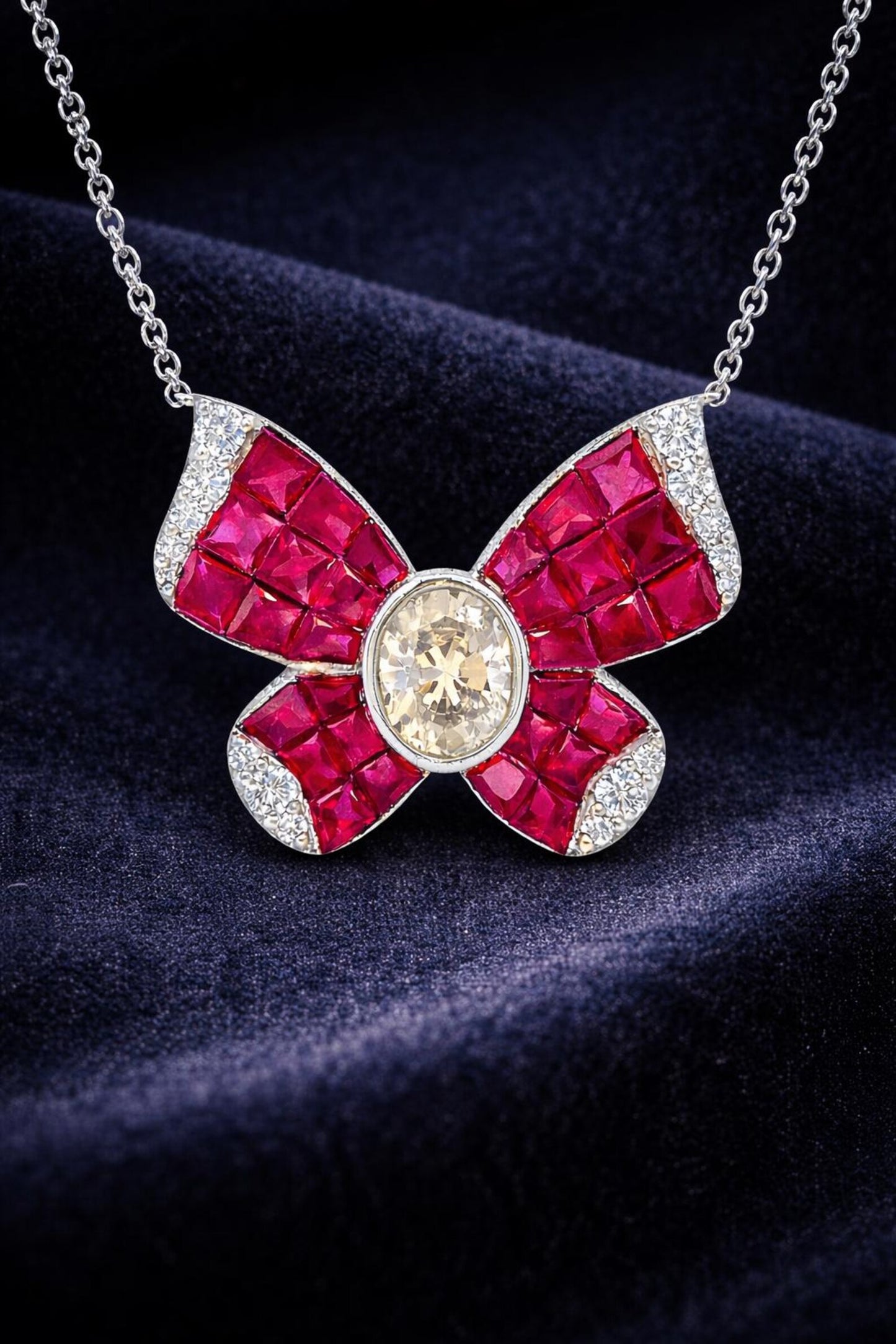 Natural Diamond and Ruby Butterfly Pendant Necklace, White Gold