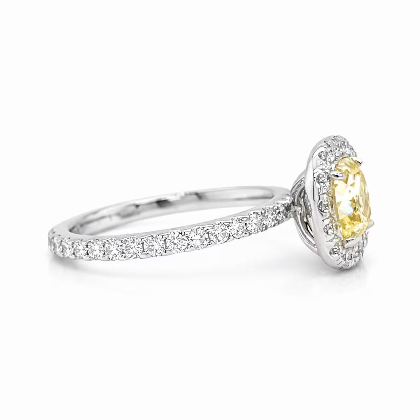 Natural Cushion Cut Fancy Yellow Diamond Halo Ring, in White Gold