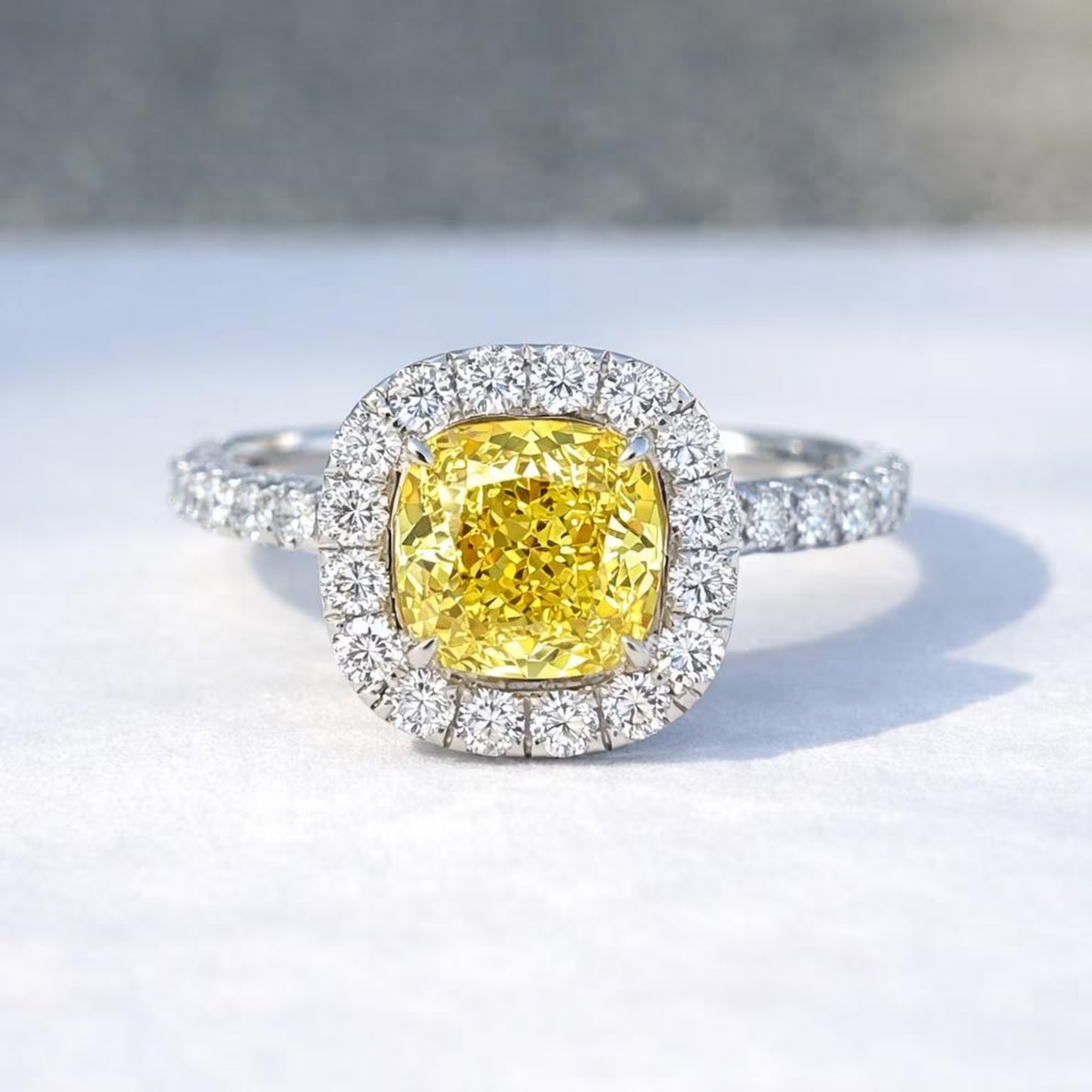 Natural Cushion Cut Fancy Yellow Diamond Halo Ring, in White Gold