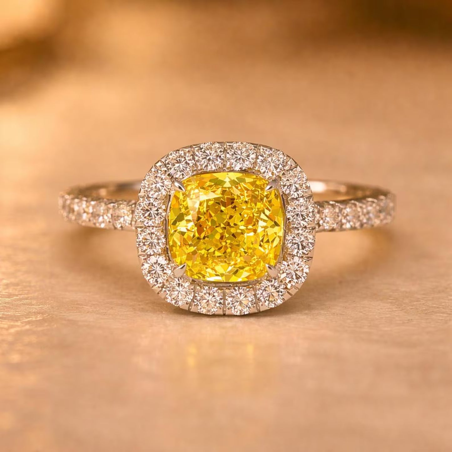 Natural Cushion Cut Fancy Yellow Diamond Halo Ring, in White Gold
