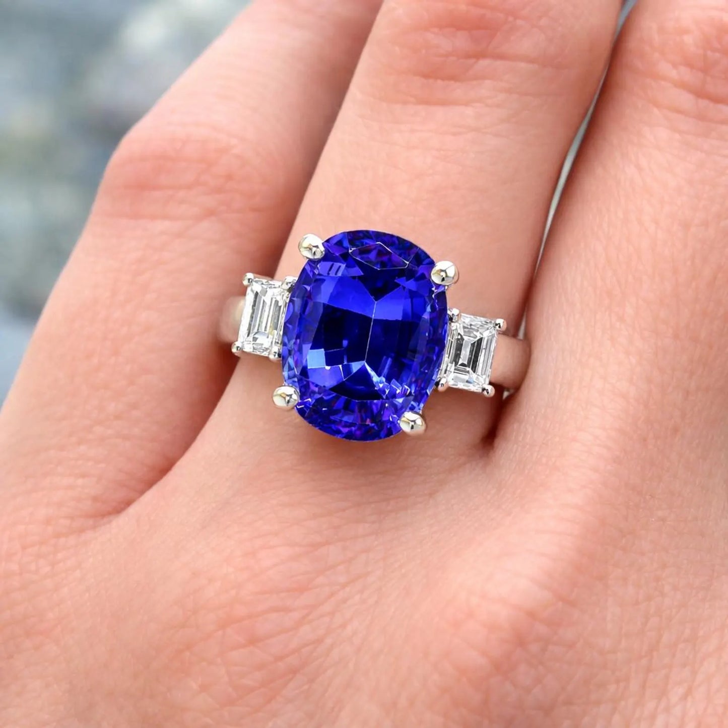 Natural Tanzanite and Diamond 3 Stone Platinum Ring - Pre-owned