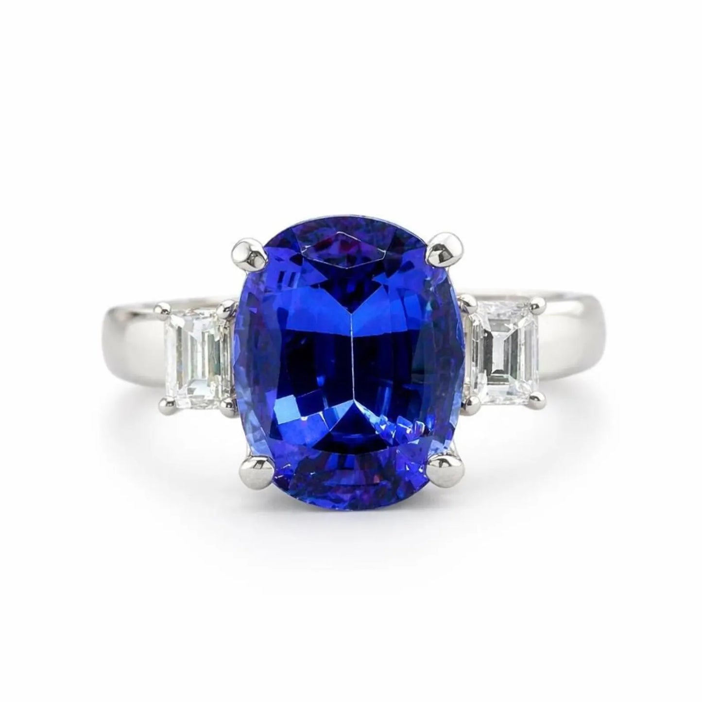 Natural Tanzanite and Diamond 3 Stone Platinum Ring - Pre-owned