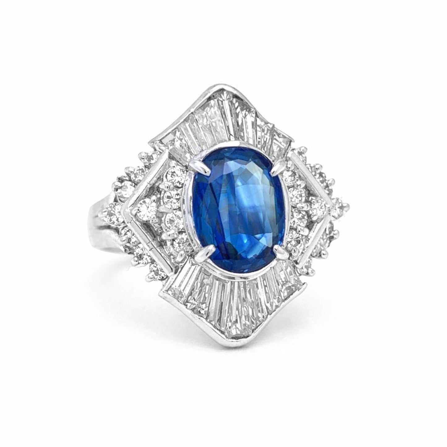 Natural Blue Sapphire and Diamond Cluster Cocktail Platinum Ring