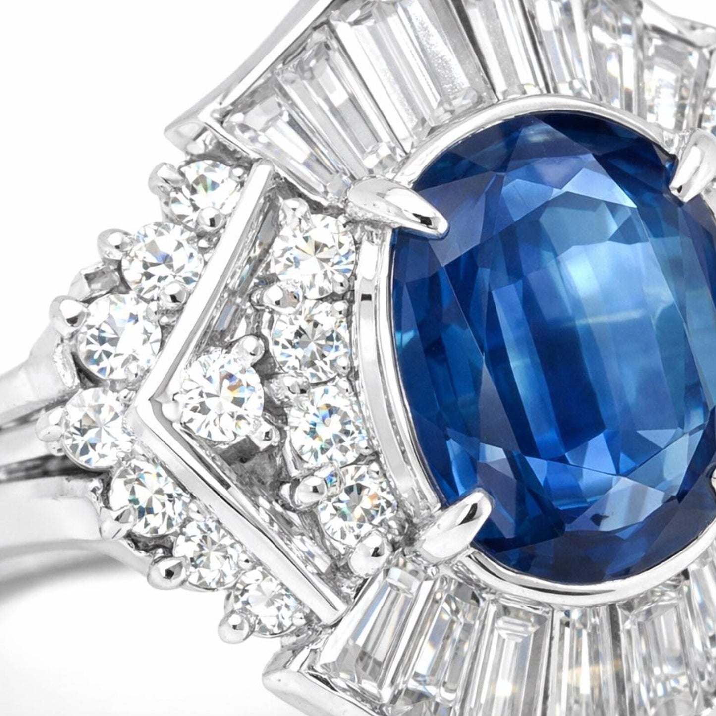 Natural Blue Sapphire and Diamond Cluster Cocktail Platinum Ring