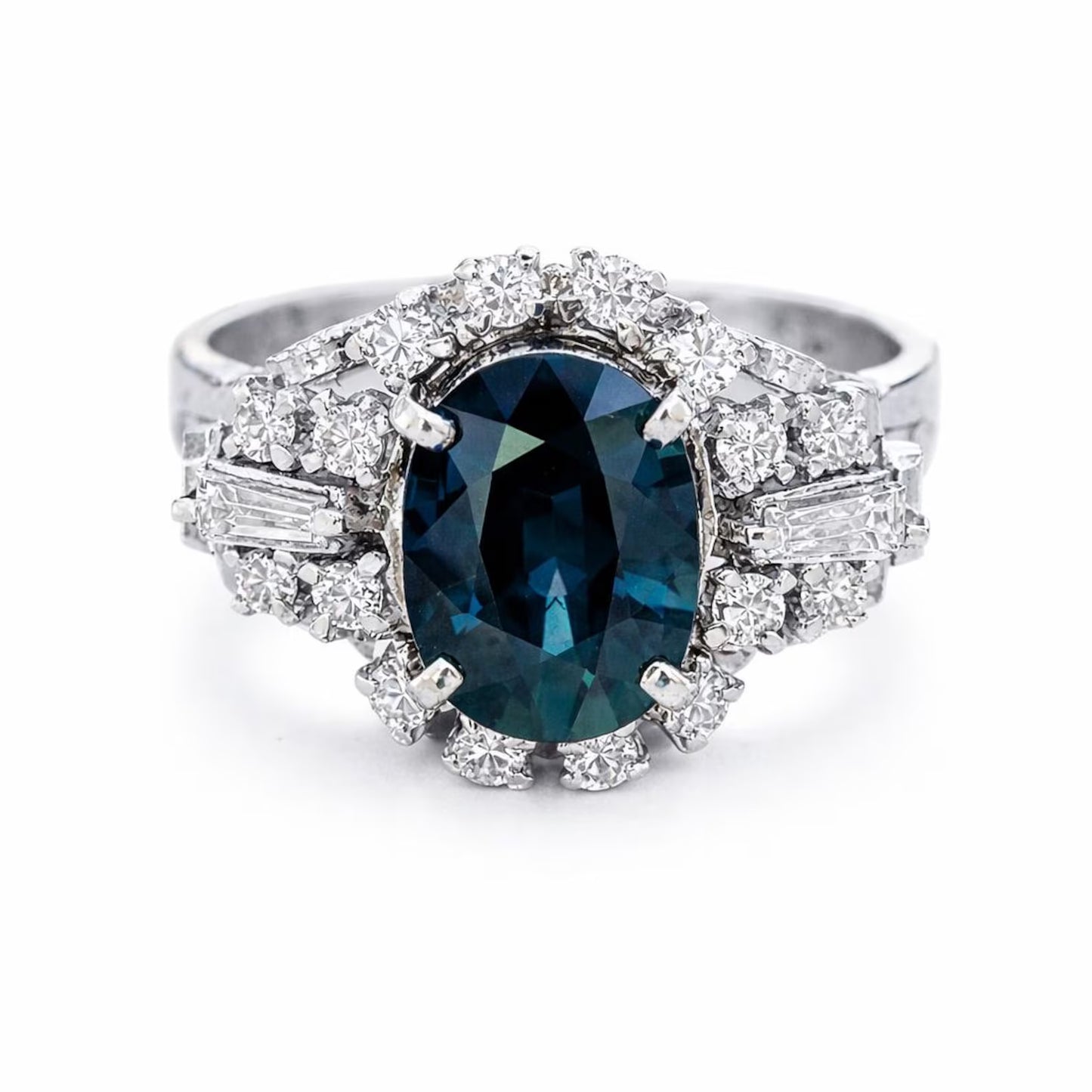 Natural Blue Sapphire and Diamond Art Deco Cluster Platinum Ring