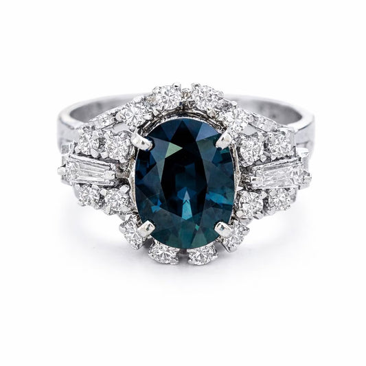 Natural Blue Sapphire and Diamond Art Deco Cluster Platinum Ring