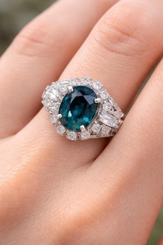 Natural Blue Sapphire and Diamond Art Deco Cluster Platinum Ring