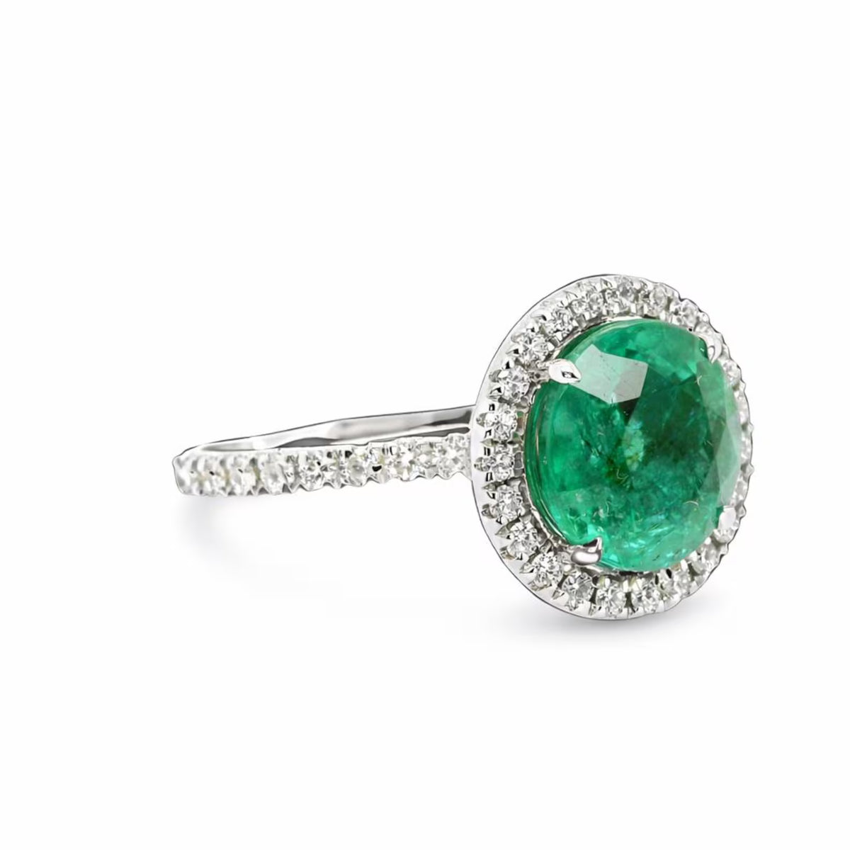 3.54 ct.t.w. Natural Green Emerald & Diamonds Halo Ring, in White Gold