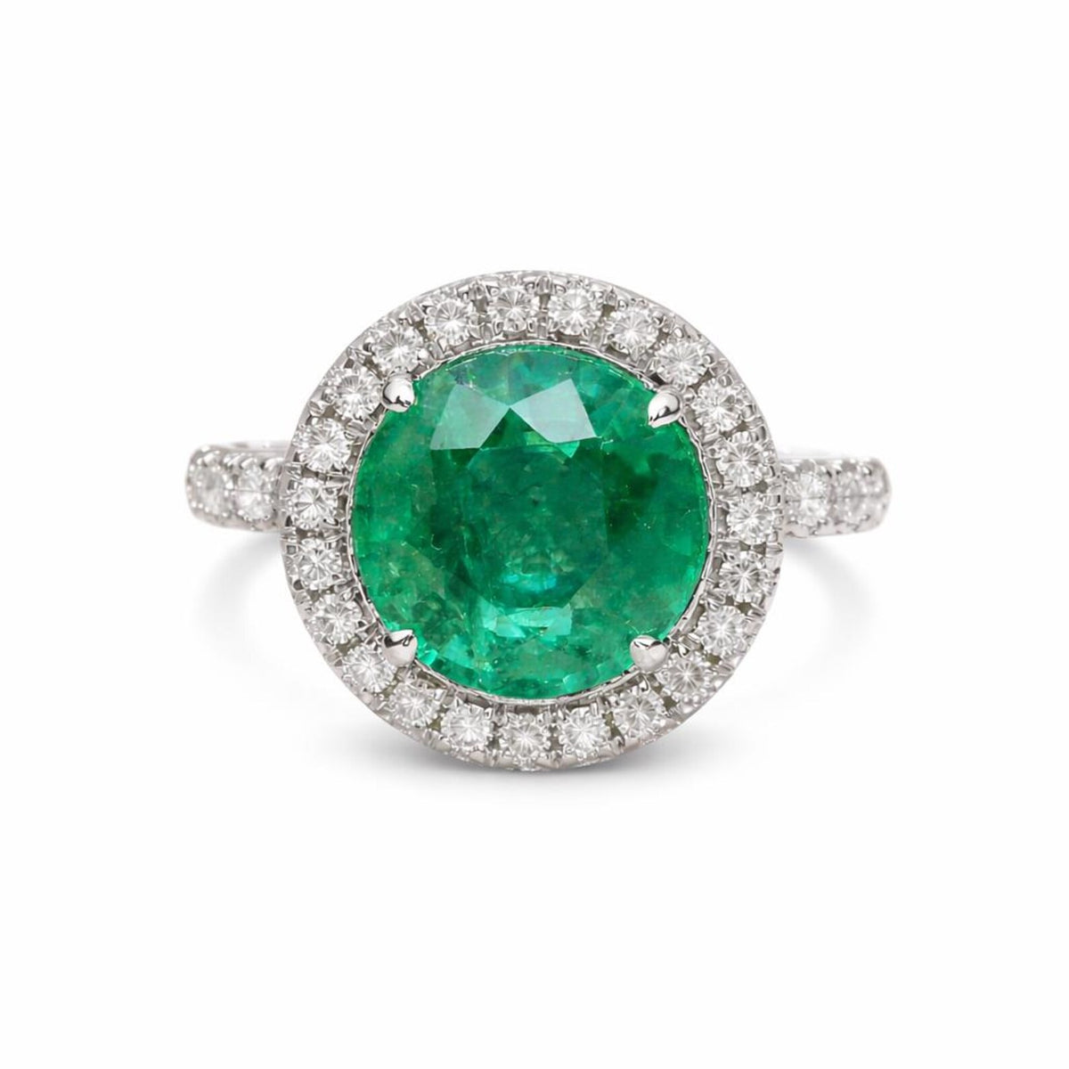 3.54 ct.t.w. Natural Green Emerald & Diamonds Halo Ring, in White Gold