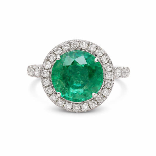 3.54 ct.t.w. Natural Green Emerald & Diamonds Halo Ring, in White Gold