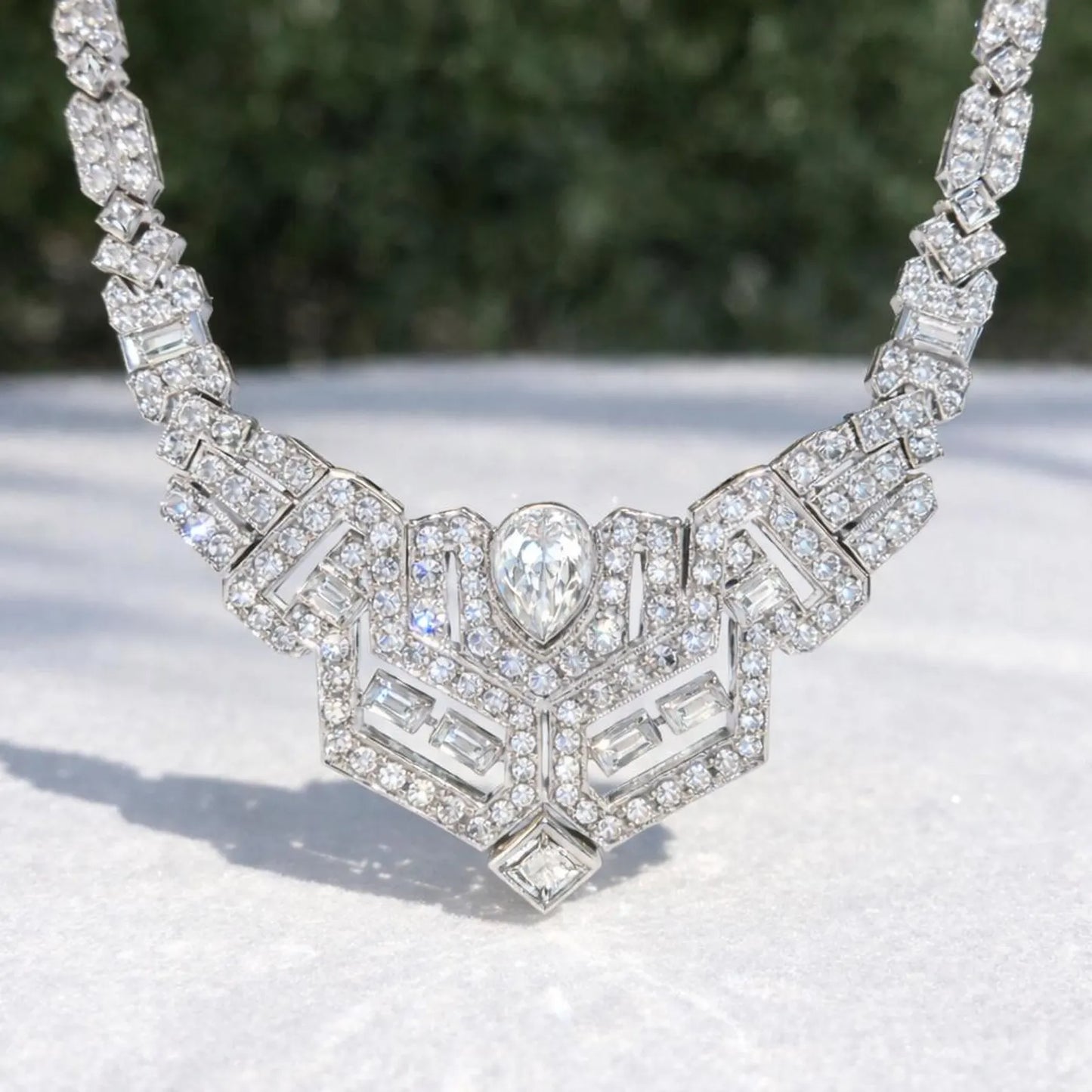 Natural Diamond Cluster Art Deco Cocktail Necklace, in White Gold - Preowned