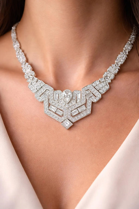 Natural Diamond Cluster Art Deco Cocktail Necklace, in White Gold - Preowned