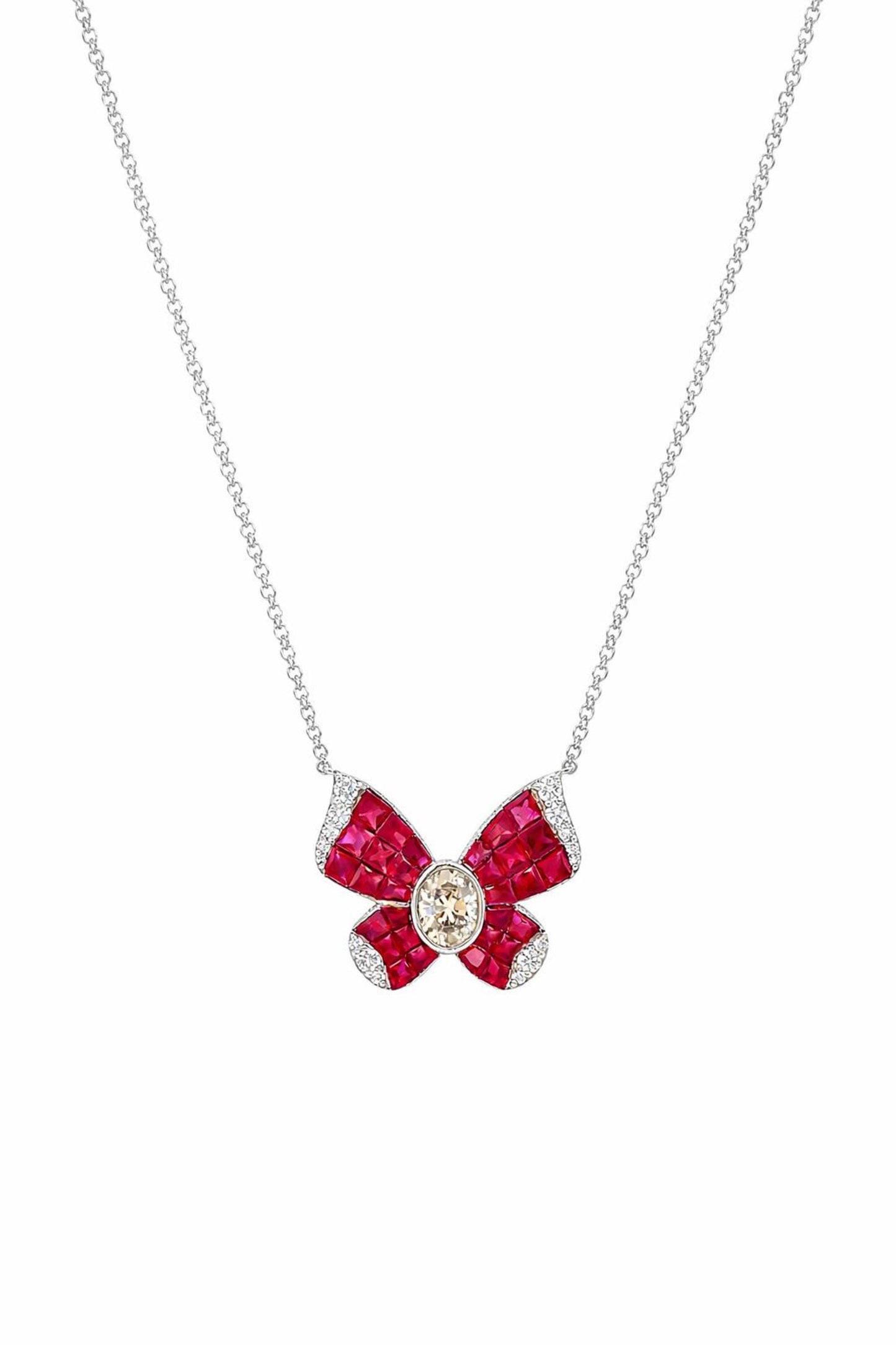 Natural Diamond and Ruby Butterfly Pendant Necklace, White Gold