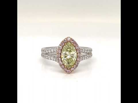 Natural Fancy Color Green-Yellow with Pink Diamond Halo Bridal Ring, in White Gold