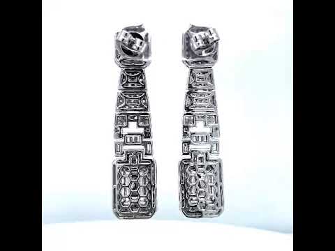 Natural Emerald Cut Green Emerald with Diamond Halo Cocktail Drop Earrings, in White Gold