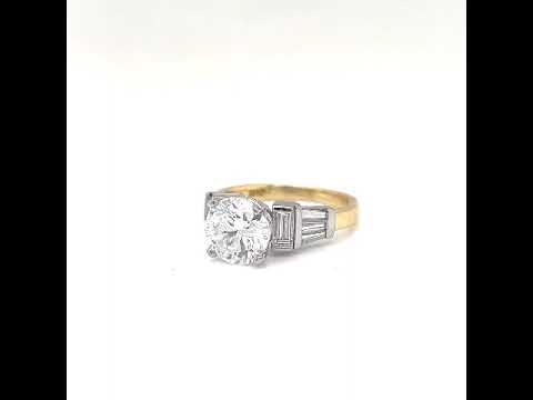 Natural Round and Baguette Cut Diamond Bridal Ring Yellow Gold GIA